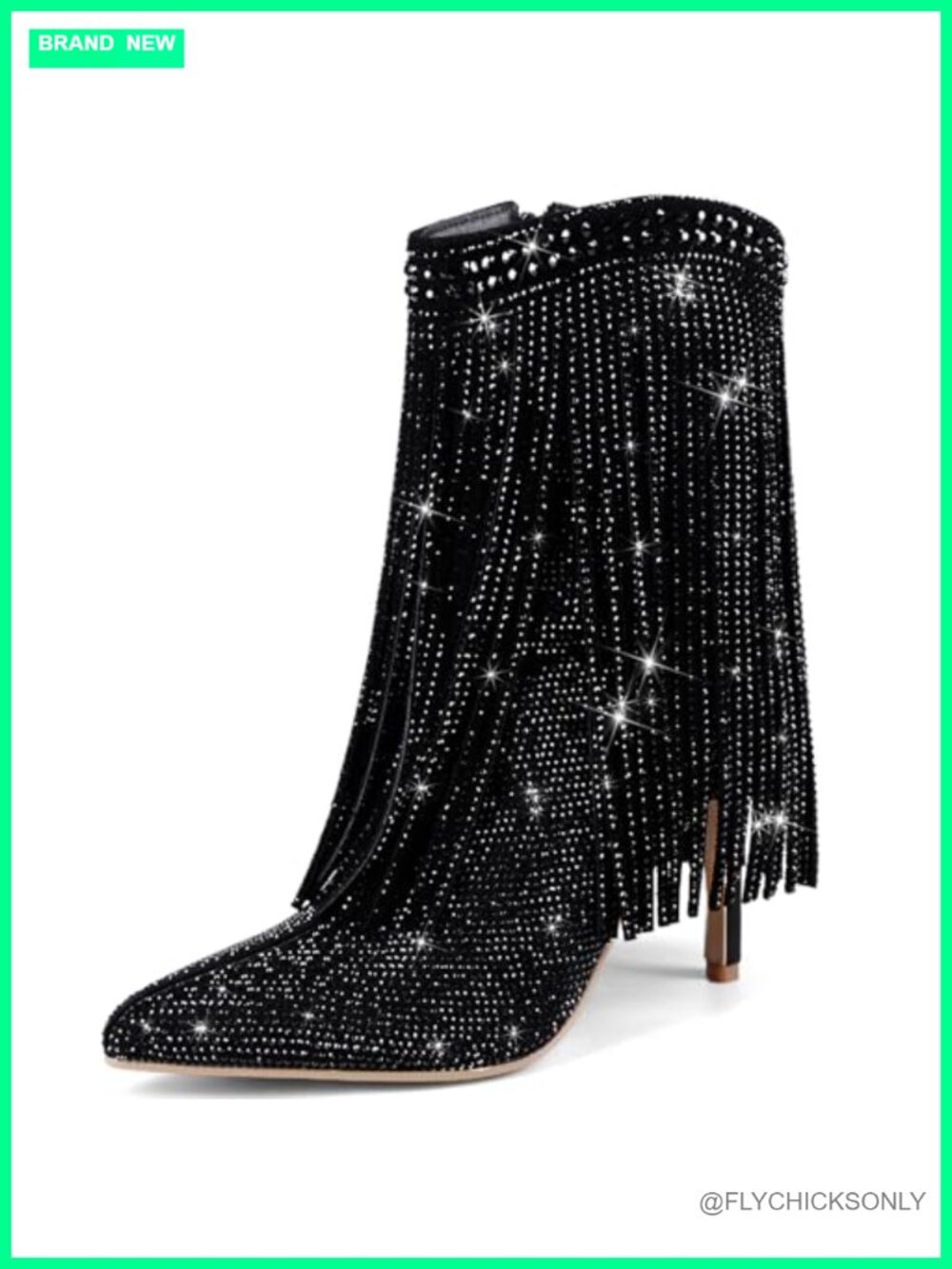 Rhinestone Fringe Ankle Boots Pointed Toe Stiletto Heel Side Zip Booties